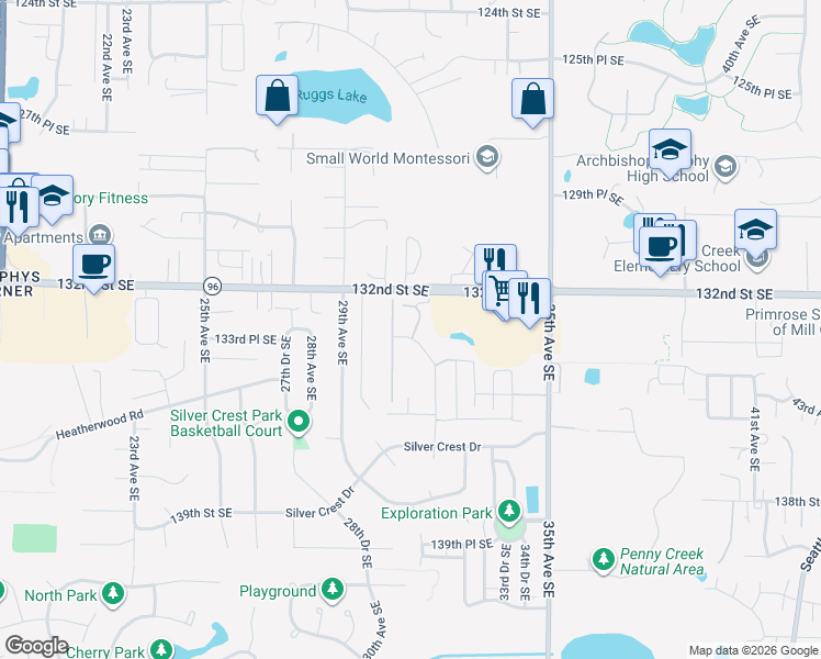 map of restaurants, bars, coffee shops, grocery stores, and more near 3025 133rd Place Southeast in Mill Creek