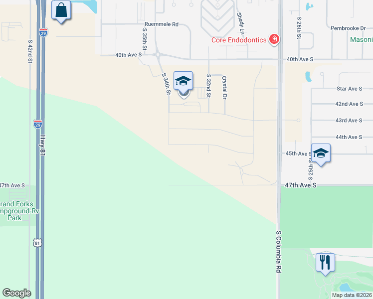 map of restaurants, bars, coffee shops, grocery stores, and more near South 34th Street in Grand Forks