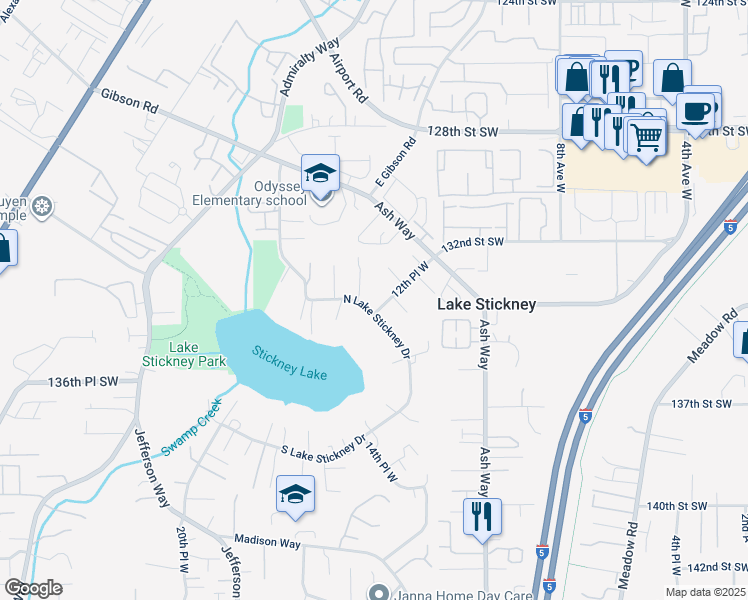 map of restaurants, bars, coffee shops, grocery stores, and more near 13318 12th Place West in Everett