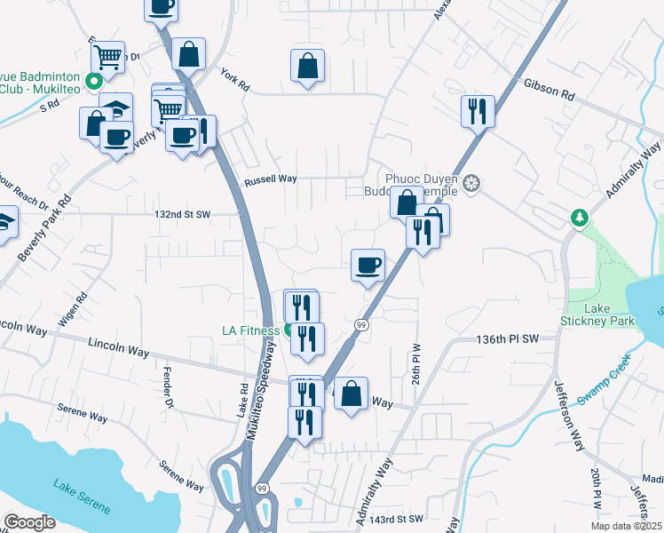 map of restaurants, bars, coffee shops, grocery stores, and more near 13320 Highway 99 in Everett