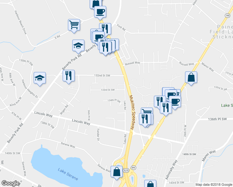 map of restaurants, bars, coffee shops, grocery stores, and more near 3312 133rd Street Southwest in Lynnwood