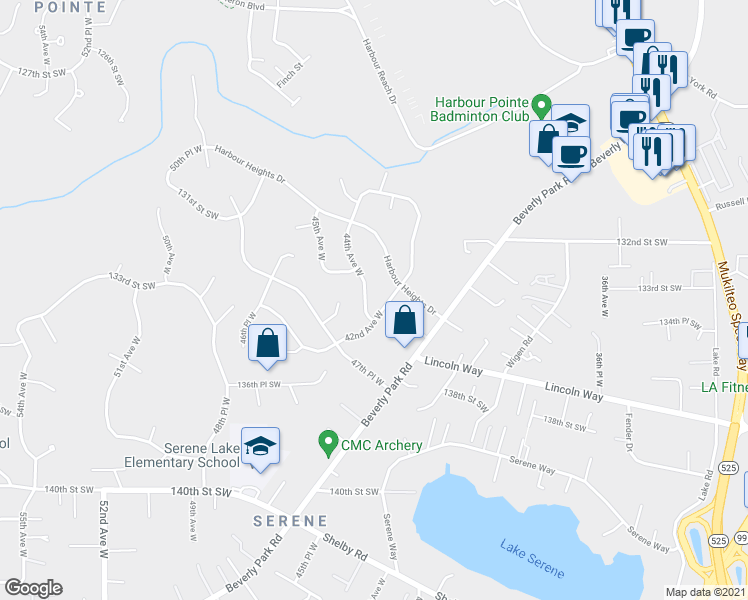 map of restaurants, bars, coffee shops, grocery stores, and more near 13327 44th Avenue West in Mukilteo
