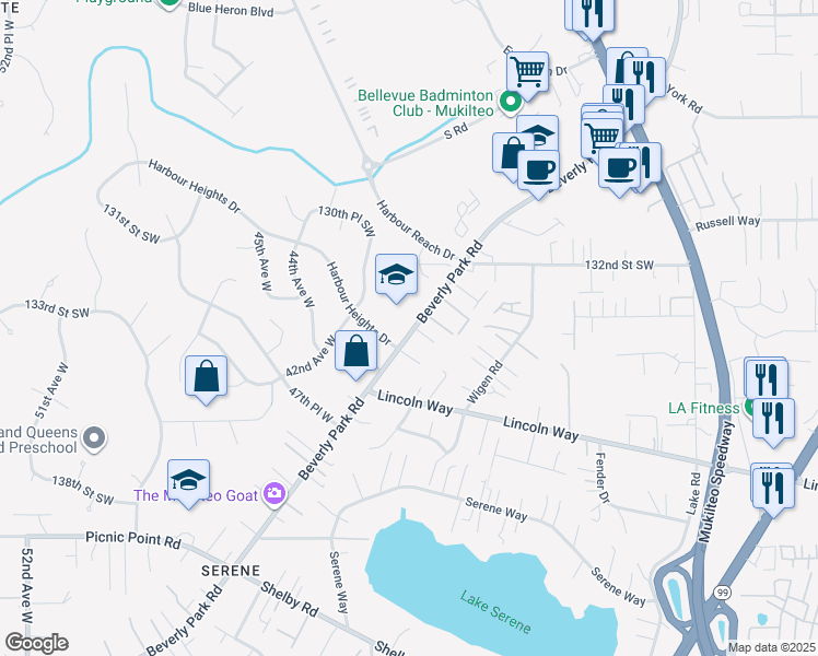 map of restaurants, bars, coffee shops, grocery stores, and more near 13320 Beverly Park Road in Mukilteo