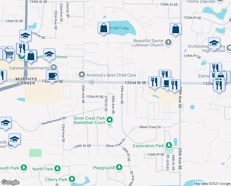 map of restaurants, bars, coffee shops, grocery stores, and more near 13231 28th Avenue Southeast in Mill Creek