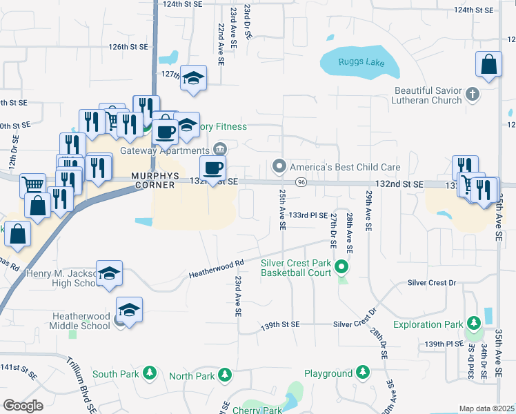 map of restaurants, bars, coffee shops, grocery stores, and more near 13307 23rd Drive Southeast in Mill Creek
