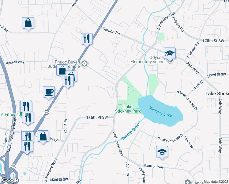 map of restaurants, bars, coffee shops, grocery stores, and more near 13313 21st Place West in Lynnwood