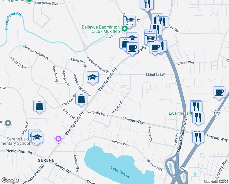 map of restaurants, bars, coffee shops, grocery stores, and more near 3833 134th Place Southwest in Lynnwood