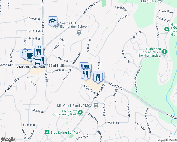 map of restaurants, bars, coffee shops, grocery stores, and more near 5607 134th Place Southeast in Everett