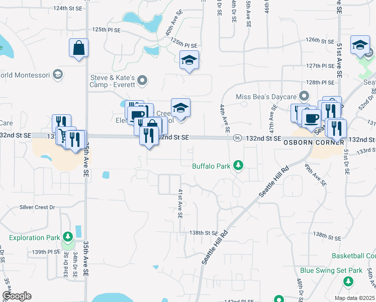 map of restaurants, bars, coffee shops, grocery stores, and more near 4111 133rd Street Southeast in Mill Creek