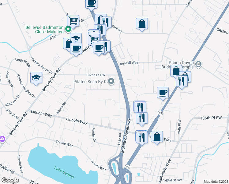 map of restaurants, bars, coffee shops, grocery stores, and more near 3312 133rd Street Southwest in Lynnwood