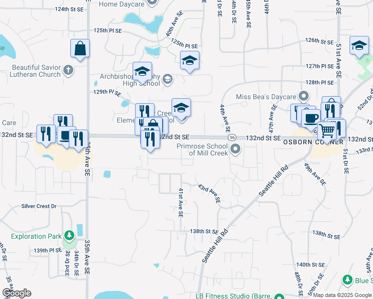 map of restaurants, bars, coffee shops, grocery stores, and more near 4111 133rd Street Southeast in Mill Creek