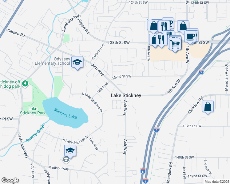 map of restaurants, bars, coffee shops, grocery stores, and more near 1112 133rd Place Southwest in Everett