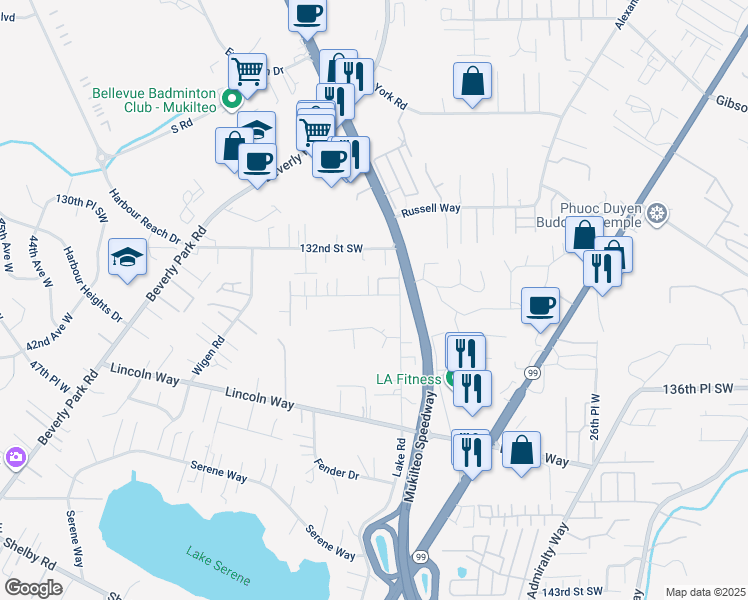 map of restaurants, bars, coffee shops, grocery stores, and more near 3312 133rd Street Southwest in Lynnwood