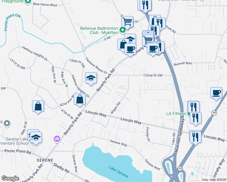 map of restaurants, bars, coffee shops, grocery stores, and more near 3833 134th Place Southwest in Lynnwood