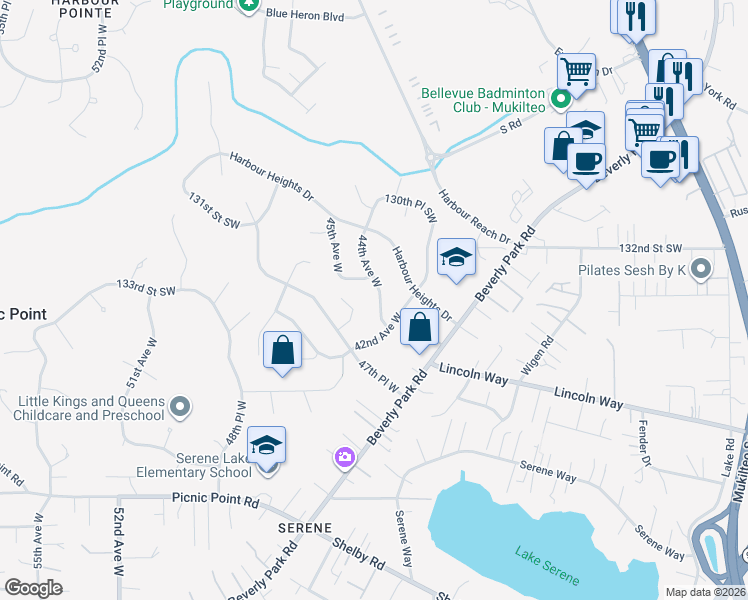 map of restaurants, bars, coffee shops, grocery stores, and more near 13327 44th Avenue West in Mukilteo