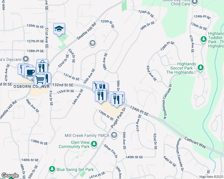 map of restaurants, bars, coffee shops, grocery stores, and more near 13228 58th Drive Southeast in Everett