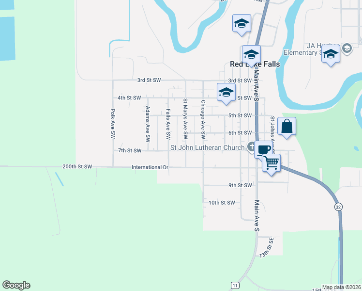 map of restaurants, bars, coffee shops, grocery stores, and more near 503 7th Street Southwest in Red Lake Falls