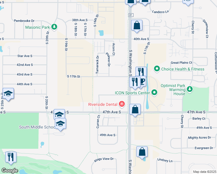 map of restaurants, bars, coffee shops, grocery stores, and more near 1490 44th Ave S in Grand Forks