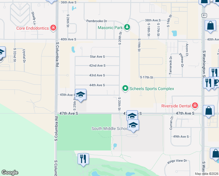map of restaurants, bars, coffee shops, grocery stores, and more near 2104 45th Avenue South in Grand Forks