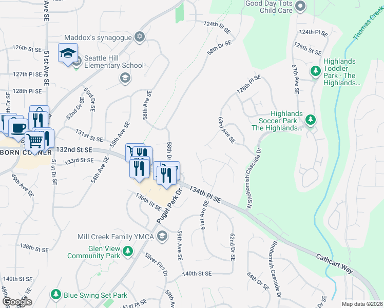 map of restaurants, bars, coffee shops, grocery stores, and more near 13228 60th Drive Southeast in Everett