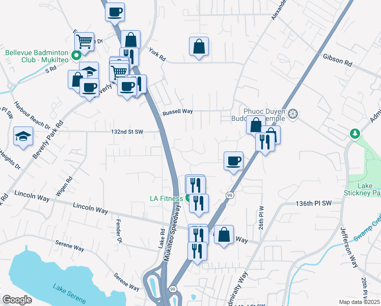 map of restaurants, bars, coffee shops, grocery stores, and more near 13320 State Highway 99 in Everett