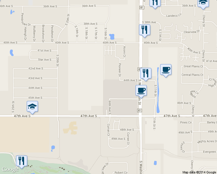 map of restaurants, bars, coffee shops, grocery stores, and more near 1490 44th Avenue South in Grand Forks