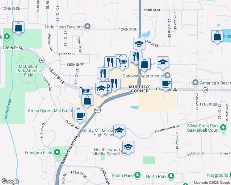 map of restaurants, bars, coffee shops, grocery stores, and more near 1700 Washington 96 in Everett