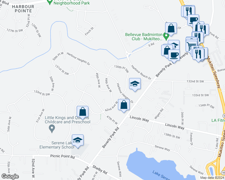 map of restaurants, bars, coffee shops, grocery stores, and more near 13233 44th Avenue West in Mukilteo