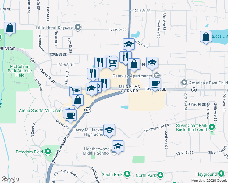 map of restaurants, bars, coffee shops, grocery stores, and more near 1700 Washington 96 in Mill Creek