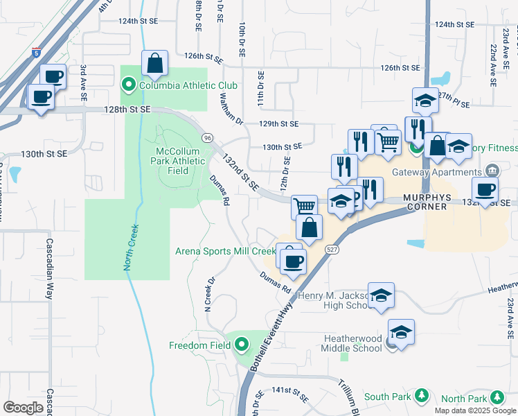 map of restaurants, bars, coffee shops, grocery stores, and more near 1117 132nd Street Southeast in Everett