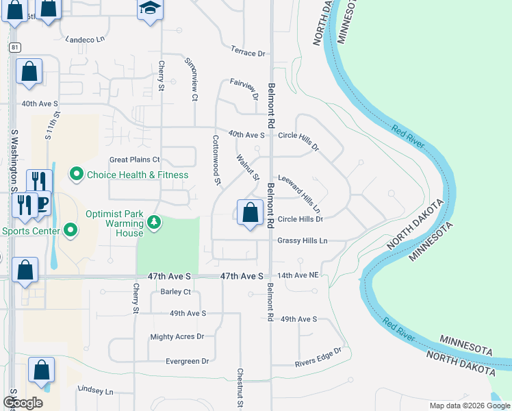 map of restaurants, bars, coffee shops, grocery stores, and more near 4224 Walnut St in Grand Forks