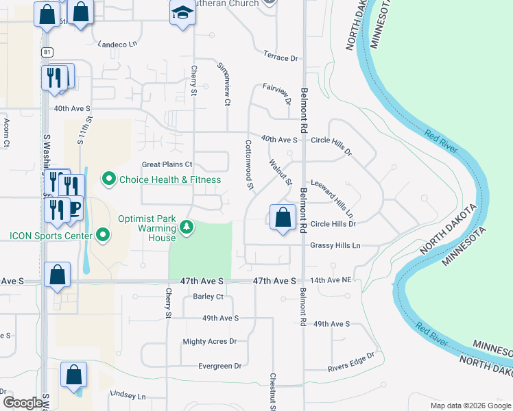 map of restaurants, bars, coffee shops, grocery stores, and more near 521-599 Plain Hills Dr in Grand Forks