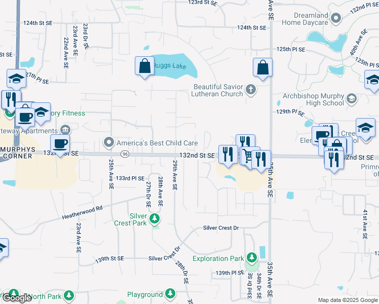 map of restaurants, bars, coffee shops, grocery stores, and more near 13121 30th Avenue Southeast in Everett