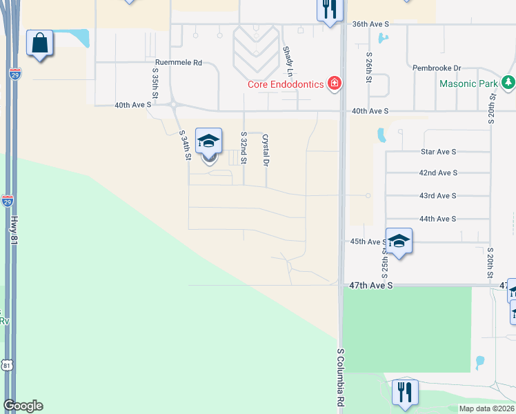 map of restaurants, bars, coffee shops, grocery stores, and more near 3182-4198 47th Ave S in Grand Forks
