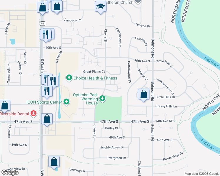 map of restaurants, bars, coffee shops, grocery stores, and more near 612 High Plains Court in Grand Forks