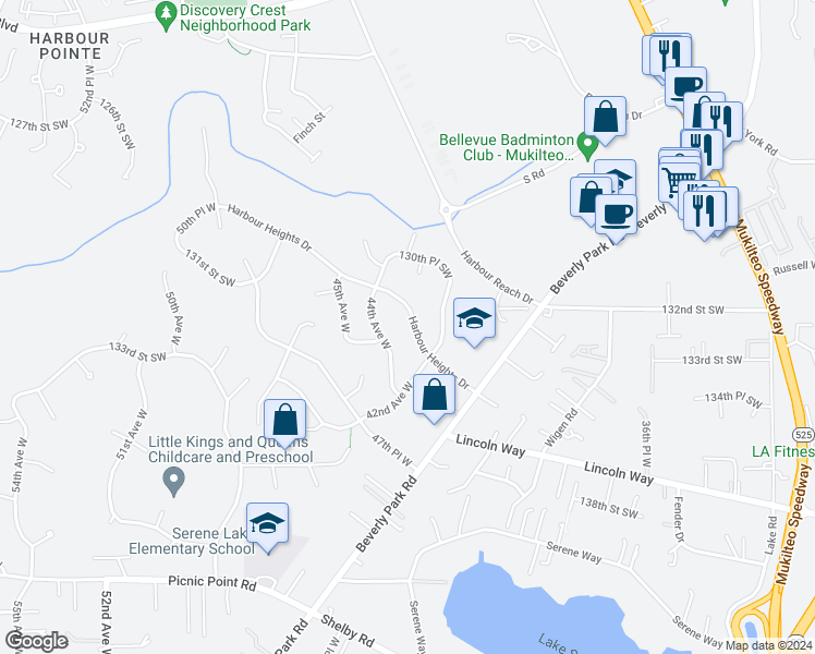map of restaurants, bars, coffee shops, grocery stores, and more near 13214 Harbour Heights Drive in Mukilteo
