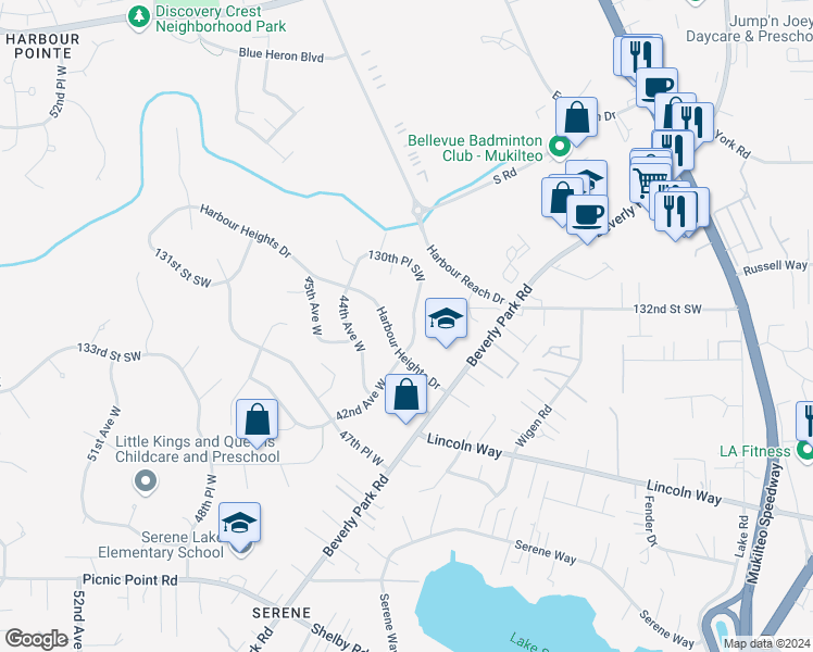 map of restaurants, bars, coffee shops, grocery stores, and more near 13218 42nd Avenue West in Mukilteo