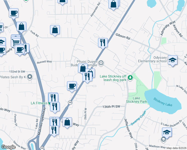 map of restaurants, bars, coffee shops, grocery stores, and more near 13200 Highway 99 in Everett