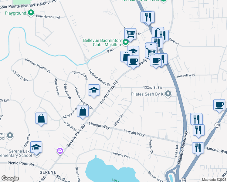 map of restaurants, bars, coffee shops, grocery stores, and more near 3910 132nd Street Southwest in Lynnwood
