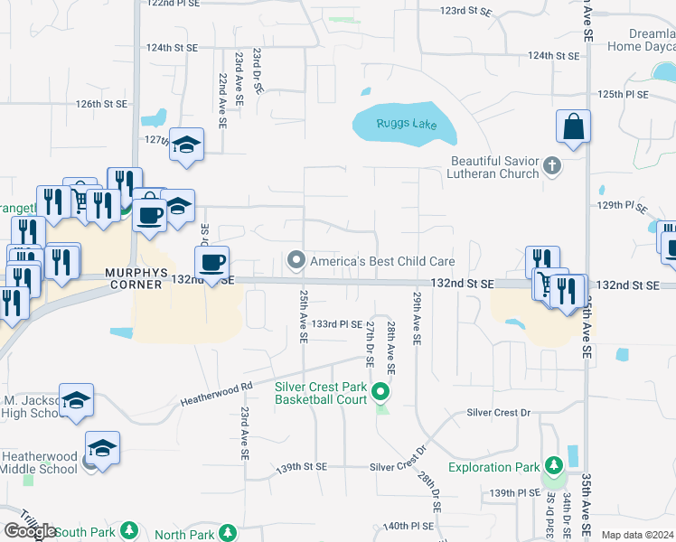 map of restaurants, bars, coffee shops, grocery stores, and more near 13120 26th Avenue Southeast in Everett