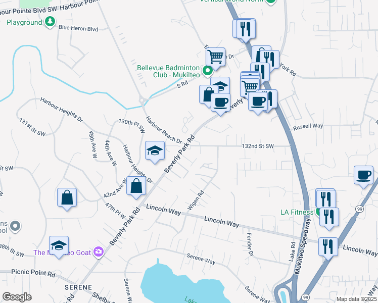 map of restaurants, bars, coffee shops, grocery stores, and more near 3828 Grant Road in Lynnwood