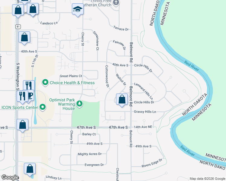 map of restaurants, bars, coffee shops, grocery stores, and more near 521 Plain Hills Drive in Grand Forks