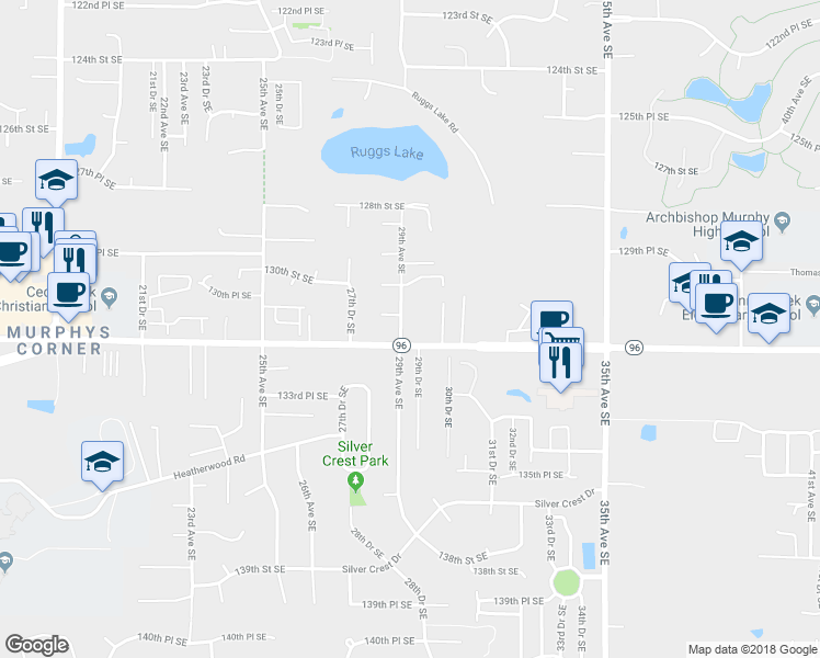 map of restaurants, bars, coffee shops, grocery stores, and more near 13117 29th Avenue Southeast in Everett