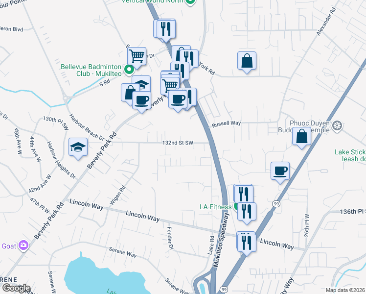 map of restaurants, bars, coffee shops, grocery stores, and more near 3402 132nd Street Southwest in Lynnwood