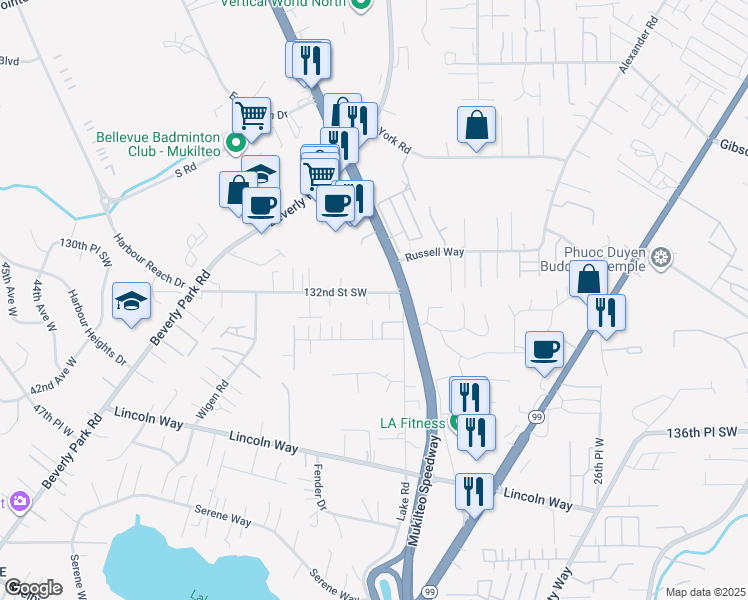 map of restaurants, bars, coffee shops, grocery stores, and more near 3316 132nd Street Southwest in Lynnwood