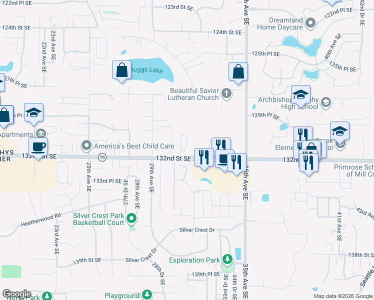 map of restaurants, bars, coffee shops, grocery stores, and more near 3125 132nd Street Southeast in Everett
