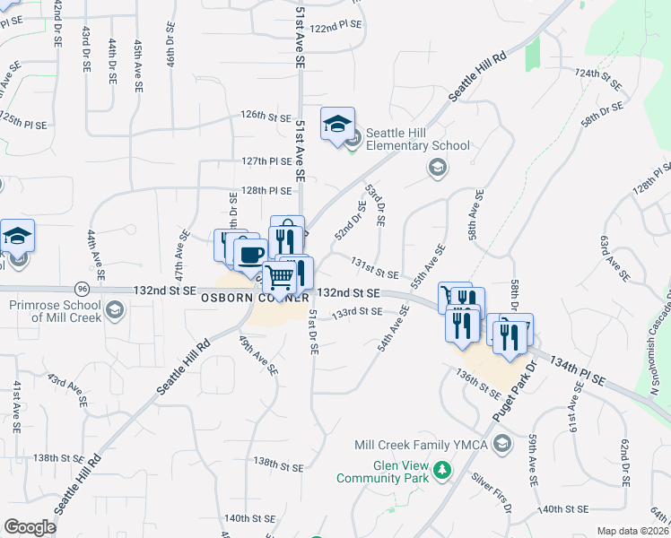 map of restaurants, bars, coffee shops, grocery stores, and more near 5222 131st Street Southeast in Everett