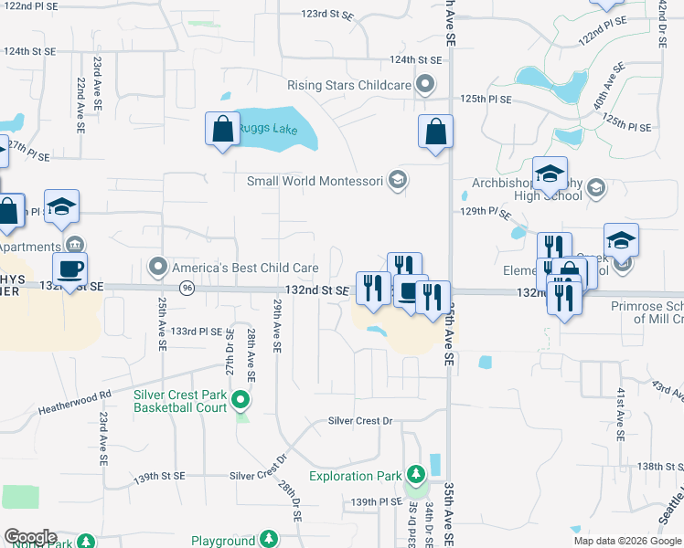 map of restaurants, bars, coffee shops, grocery stores, and more near 3125 132nd Street Southeast in Everett