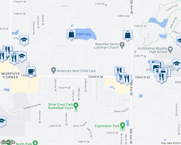 map of restaurants, bars, coffee shops, grocery stores, and more near 13117 29th Avenue Southeast in Everett