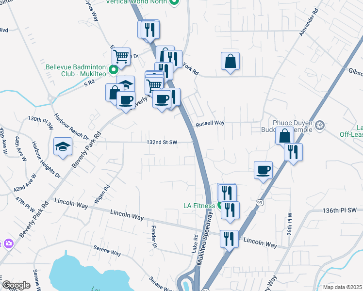 map of restaurants, bars, coffee shops, grocery stores, and more near 3316 132nd Street Southwest in Lynnwood